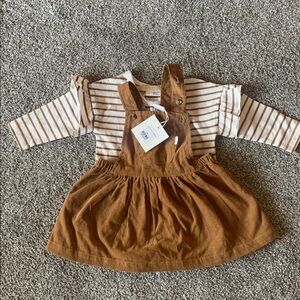 Firsts by Petit Lem Brown Corduroy Overall Dress with Striped Shirt